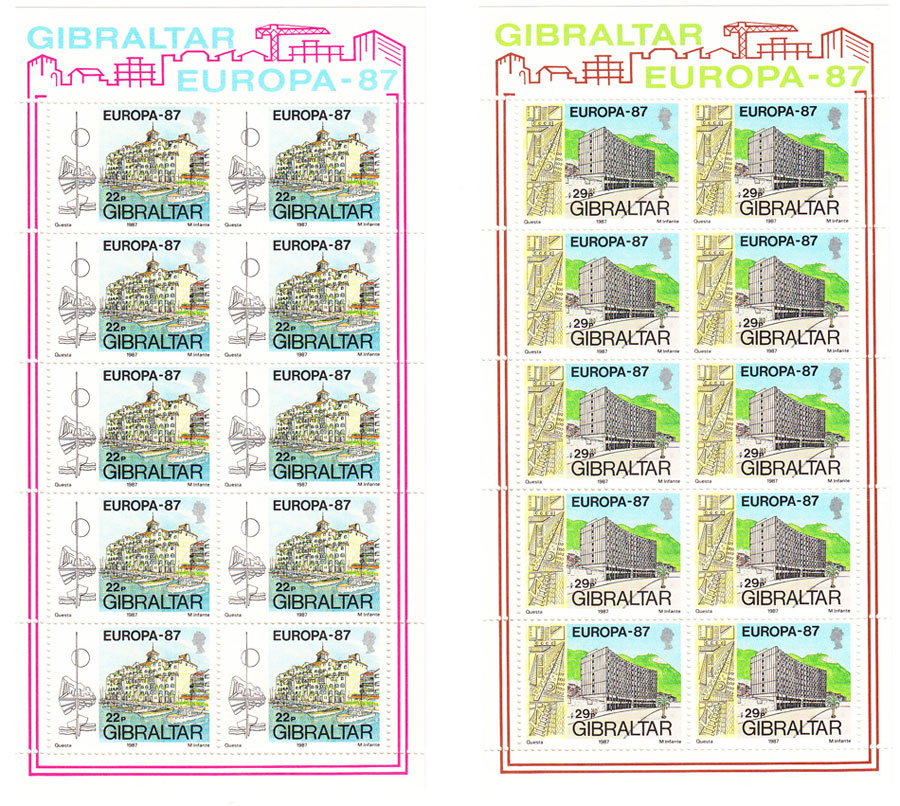 1987 2 Minifogli Gibilterra Europa CEPT Architettura 10 valori x 2 integri