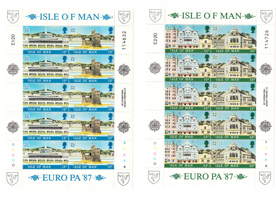 1987 2 Minifogli Isola di Man Europa CEPT Architettura 10 valori x 2 integri