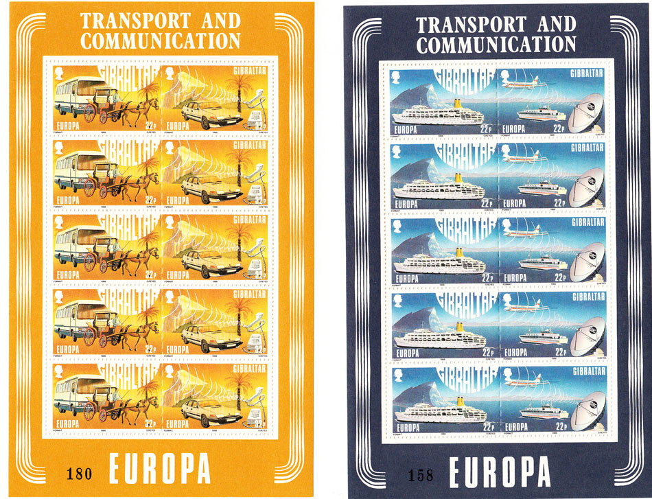 1988 2 Minifogli Gibilterra Europa CEPT Trasporti e Telecomunicazioni 10 valori x 2 integri