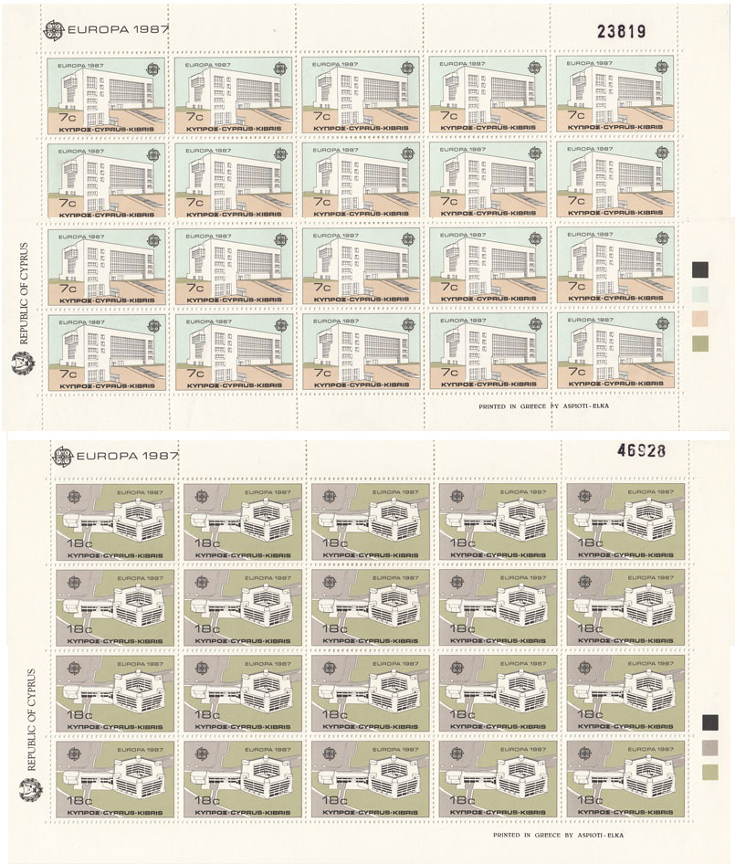 1987  Minifogli Cipro Europa CEPT Architettura 20 valori x 2 integri