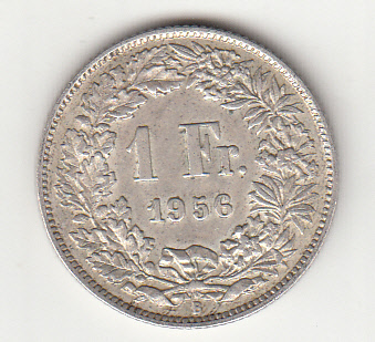 1956 - SVIZZERA 1 Franc  Argento Standing Helvetia SPL