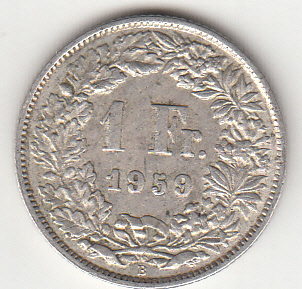 1959 - SVIZZERA 1 Franc  Argento Standing Helvetia SPL