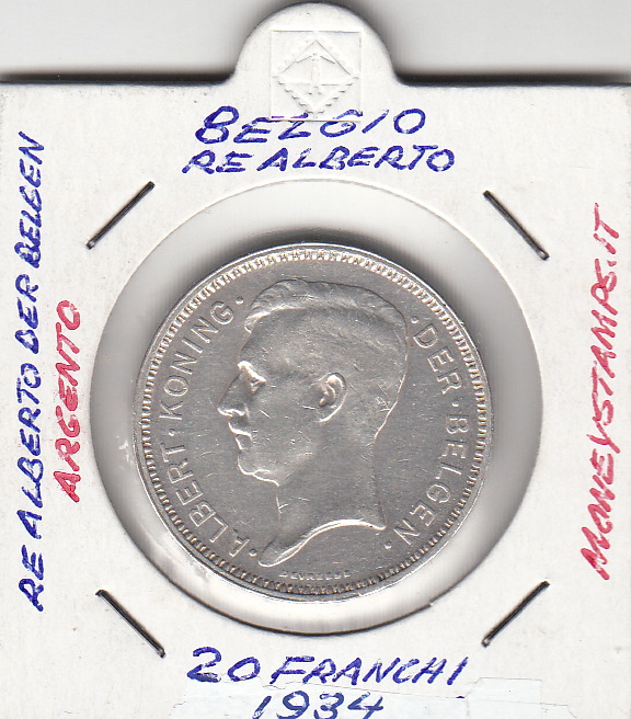 BELGIO 20 Franchi 1934 Argento KM #105 Leopoldo II Stupenda