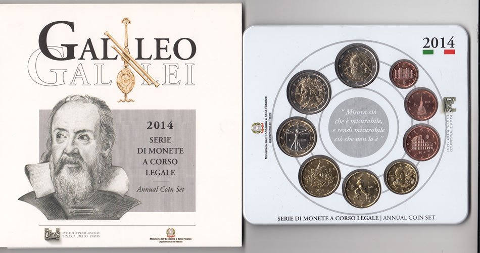 2014 - Divisionale I.P.Z.S. 9 Valori Italia - Con 2 Euro Dedicato a Galileo Galilei