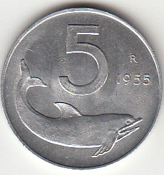 1955 Lire 5 Delfino Fior di Conio Italia