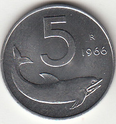 1966 Lire 5 Delfino Fior di Conio Italia