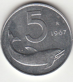 1967 Lire 5 Delfino Quasi Fior di Conio Italia