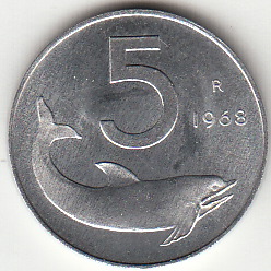 1968 Lire 5 Delfino Fior di Conio Italia