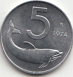 1974 Lire 5 Delfino Fior di Conio Italia