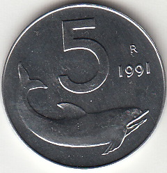 1991 Lire 5 Delfino Fior di Conio Italia