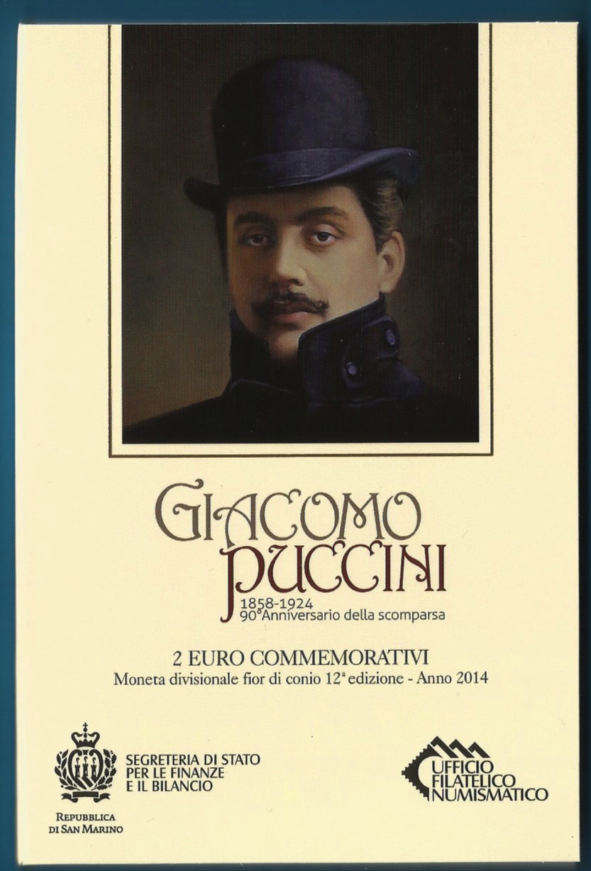 2014 - 90 Anniv. della scomparsa Puccini 2 € in Folder San Marino
