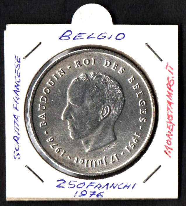 BELGIO 250 Franchi Argento 1976 Giubileo Re Baldovino Scritta Francese