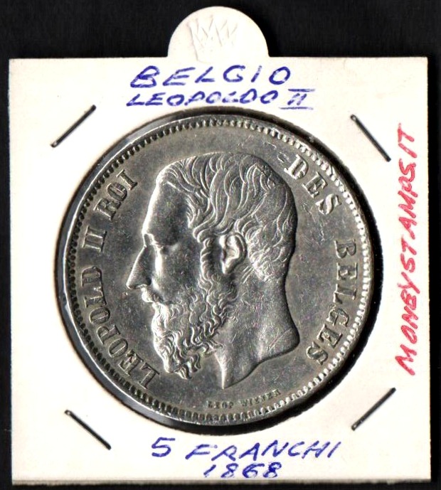 BELGIO 5 Franchi Argento KM # 24 1868 Leopoldo II