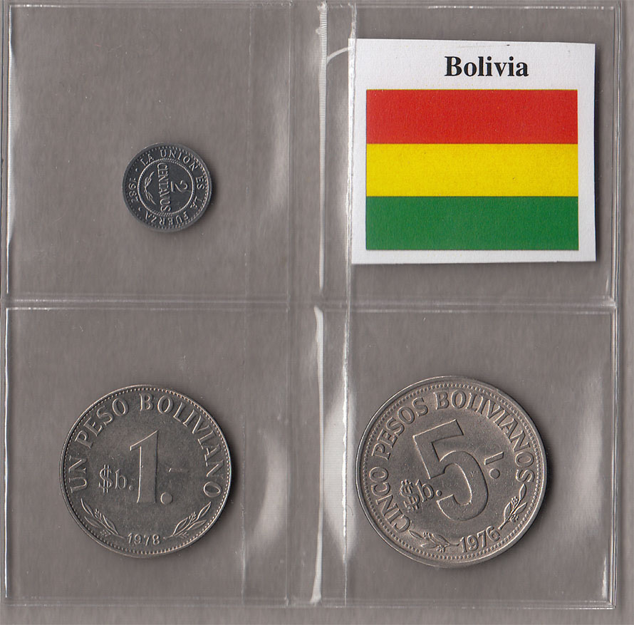 BOLIVIA  Set  composto da  2 Centavos - 1 Peso  - 5  Bolivianos circolati