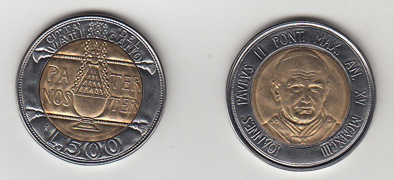 1993 Lire 500 Bimetallica Anno XV Fior di Conio Giovanni Paolo II