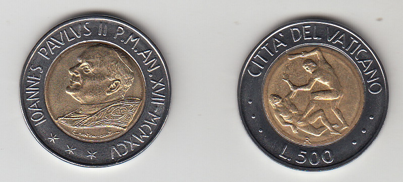 1995 Lire 500 Bimetallica Anno XVII Fior di Conio Giovanni Paolo II