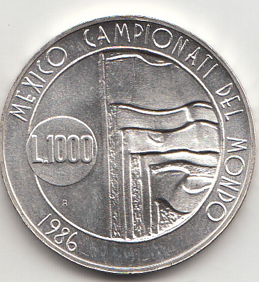 1986 Lire 1000 Argento Mondiale Calcio in Messico San Marino