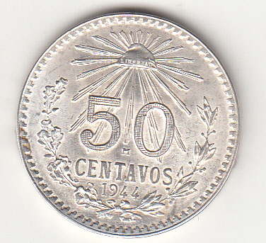 1944  50 Centavos Argento Messico Raggi di sole Spl