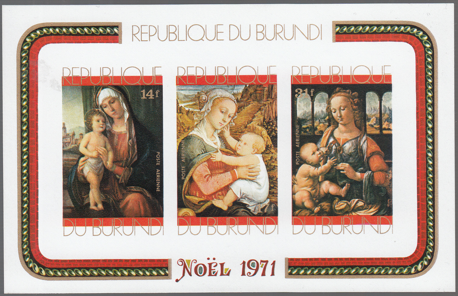 BURUNDI 1971 BF  Natale 3 Val. Pitture Religiose Vergine non dentellato