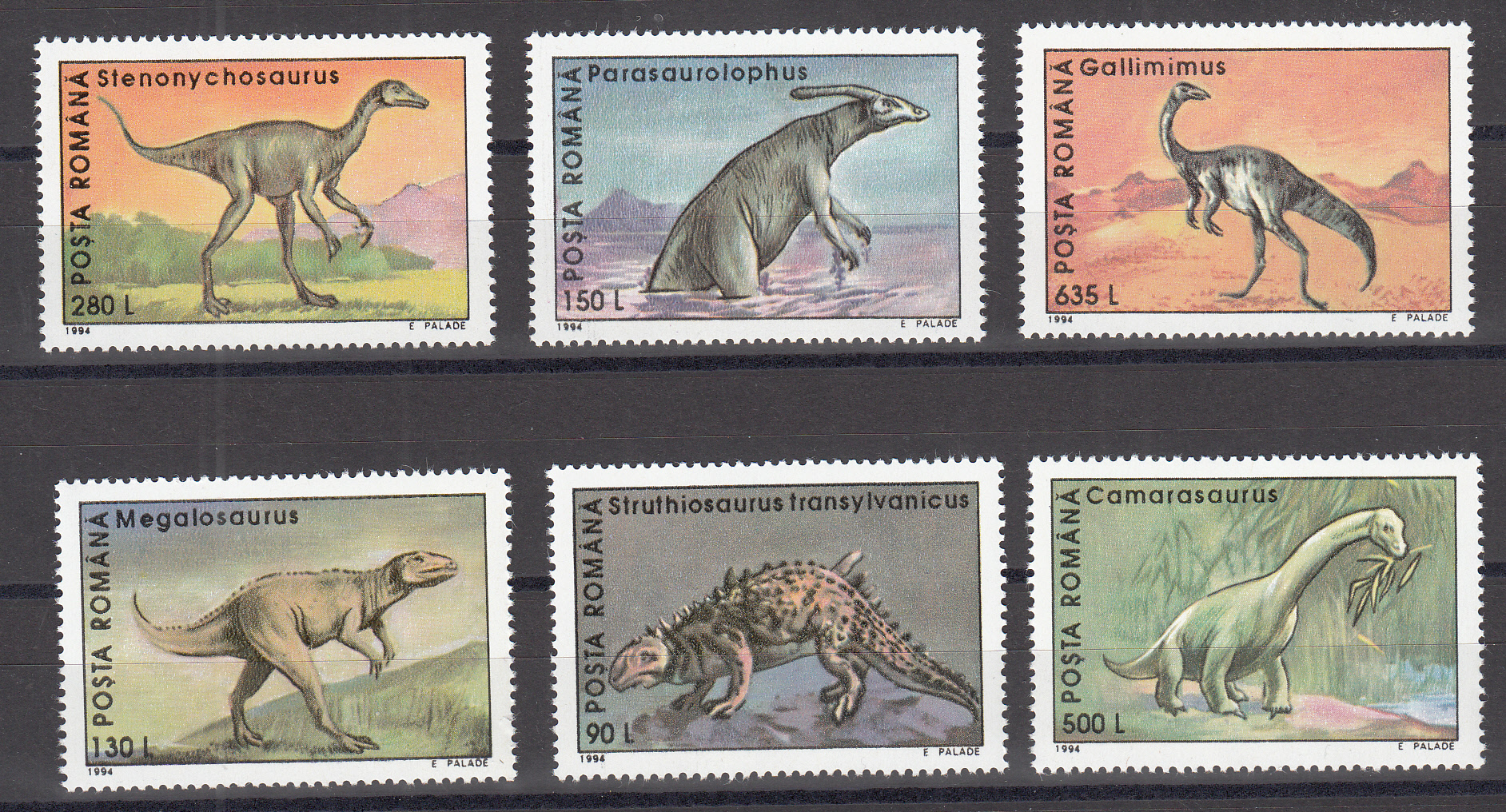 ROMANIA 1994 francobolli sui dinosauri serie completa nuova 6 vl.