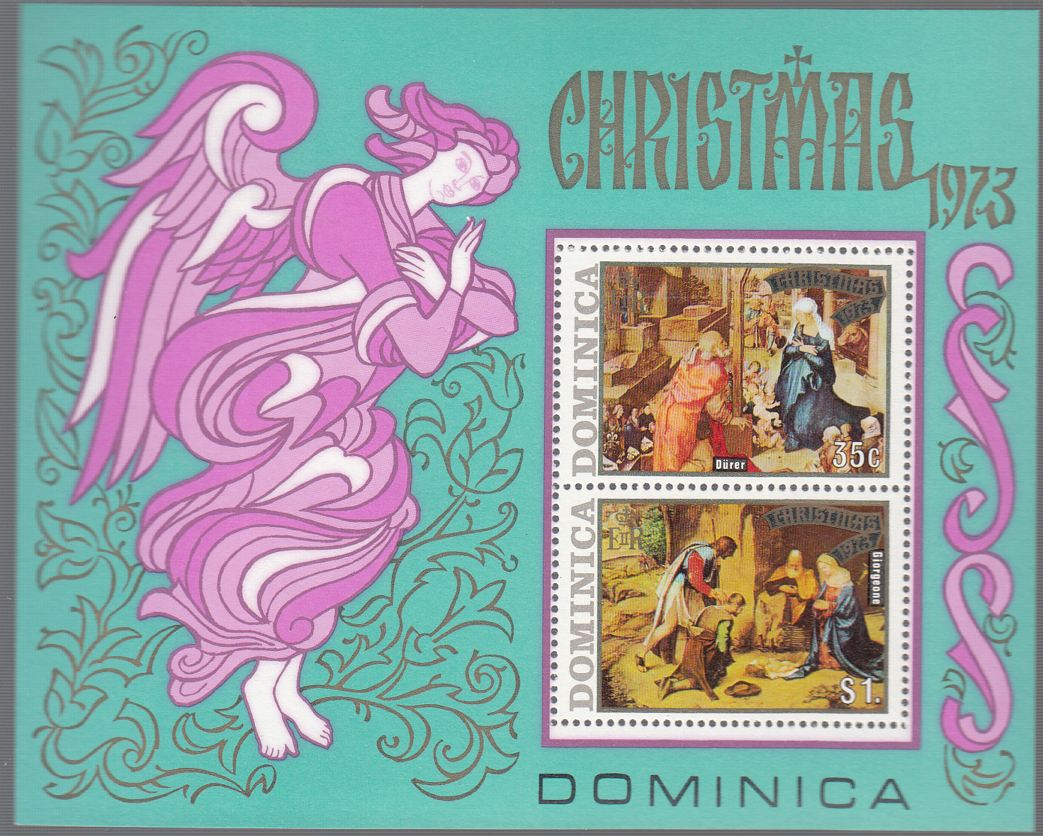 DOMINICA 1973   Natale BF 2 Val. Pitture Religiose Vergine