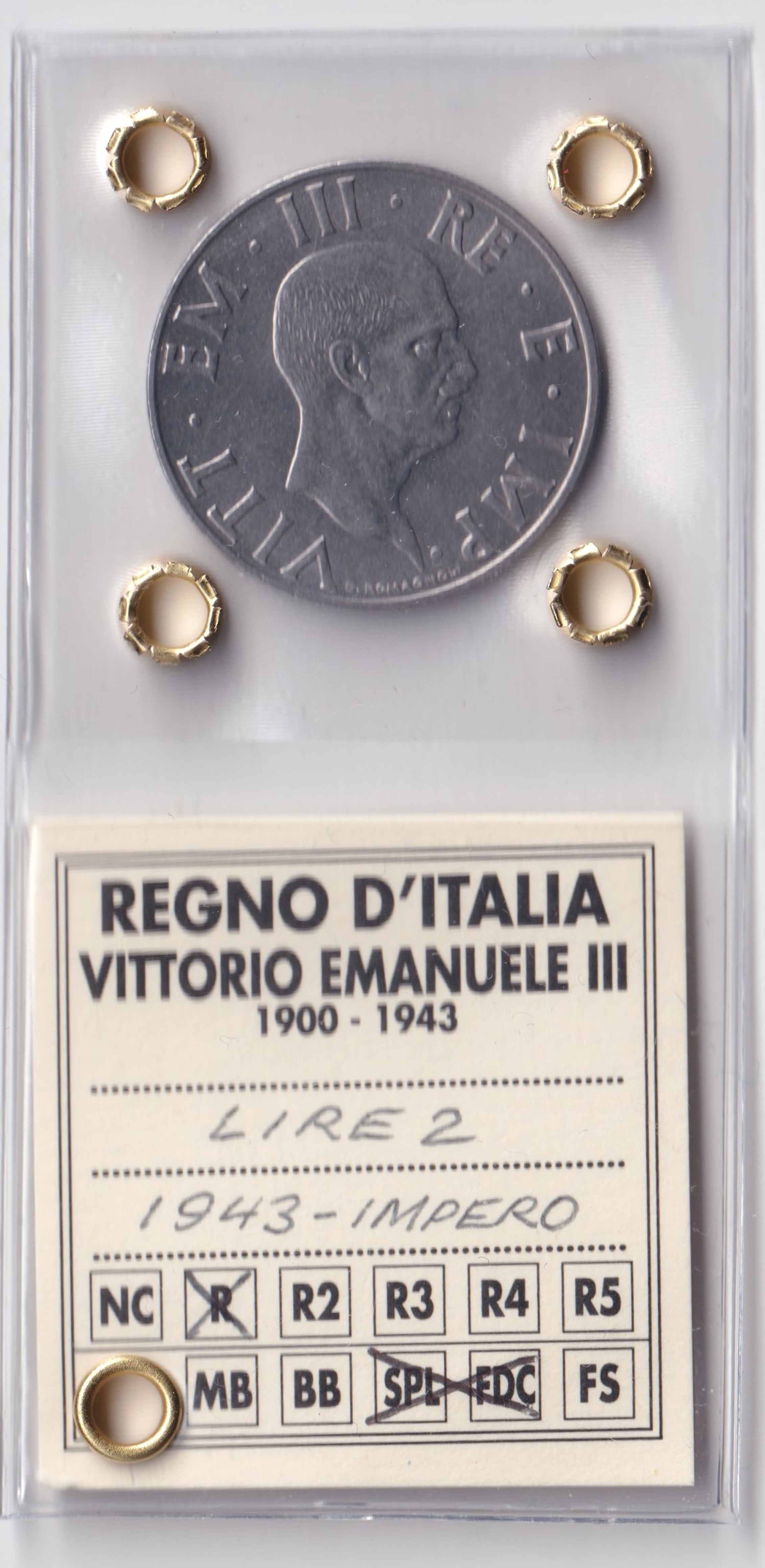 1943 - Regno D'Italia 2 Lire Impero Vittorio Emanuele III Spl/Fdc