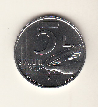 1991 5 Lire Italma Statuti  Fior Di Conio San Marino