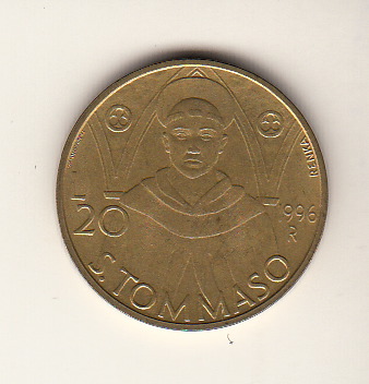 1996 20 Lire Bronzital San Tommaso d'Aquino Fior di Conio San Marino