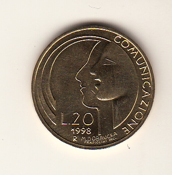 1998 20 Lire Bronzital La Comunicazione Fior di Conio San Marino