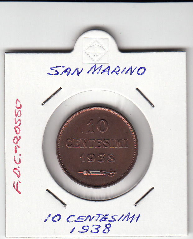 1938 10 Centesimi Fior Di Conio Rosso Rame San Marino