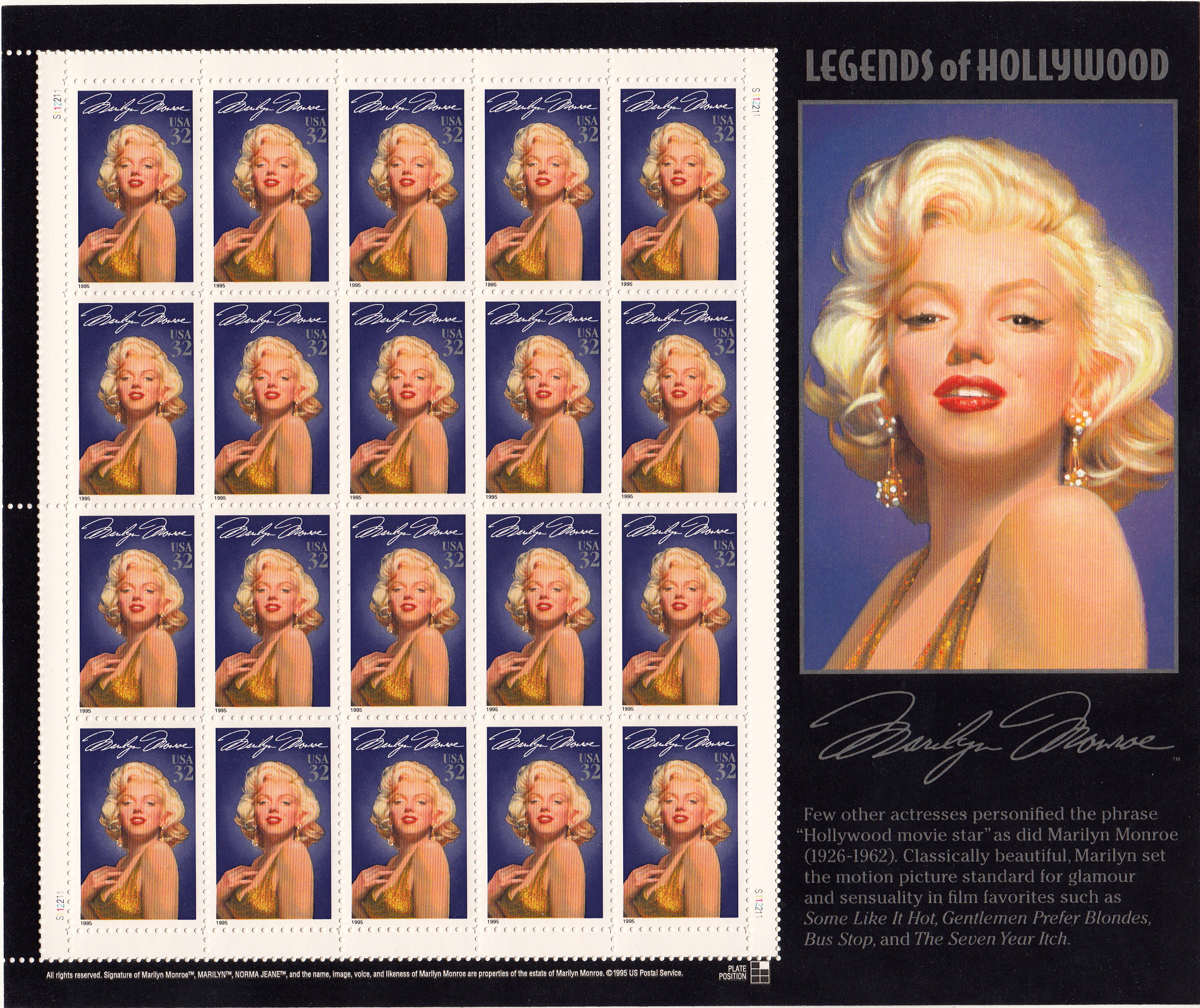 STATI UNITI 1995 Minifoglio  20 Valori Legends Of Hollywood MARILYN MONROE