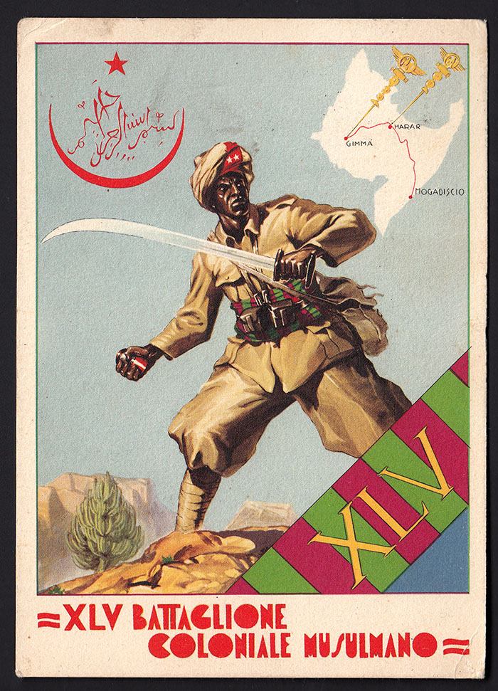 Cartolina d'epoca XLV battaglione coloniale musulmano Viaggiata 1938