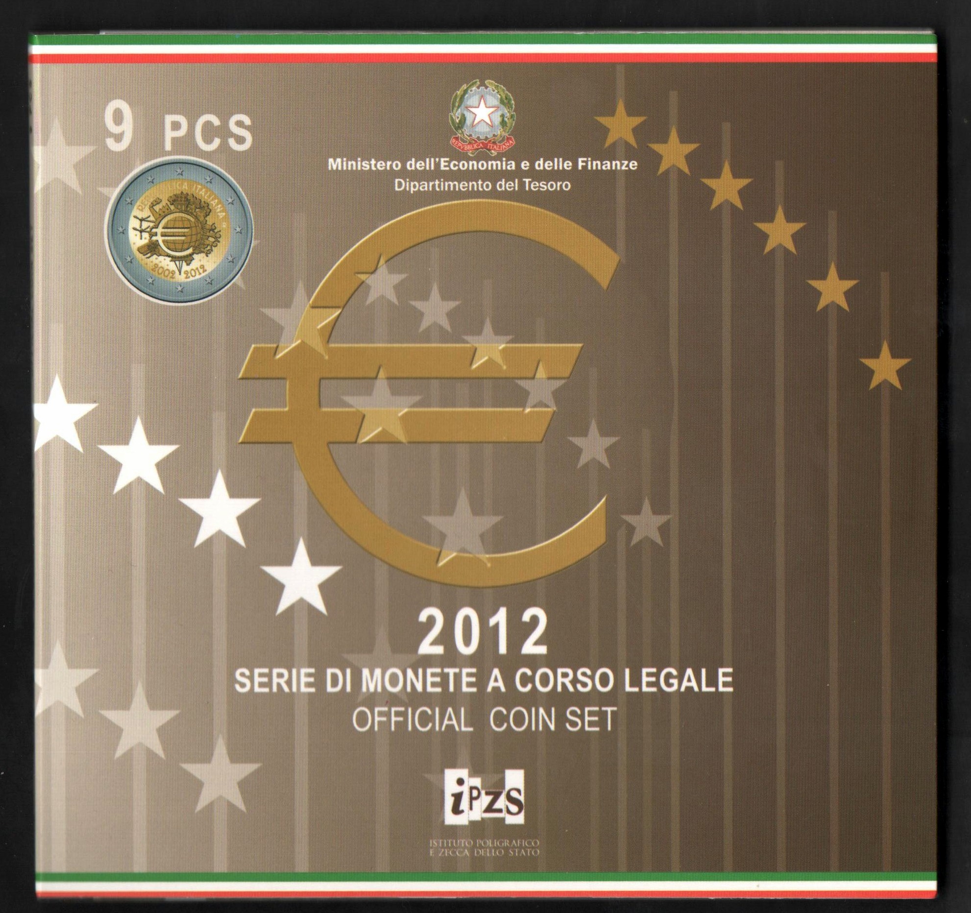 2012 - Divisionale I.P.Z.S. 9 monete Italia - Con  2 euro commemorativo del 10° anniversario dell'euro