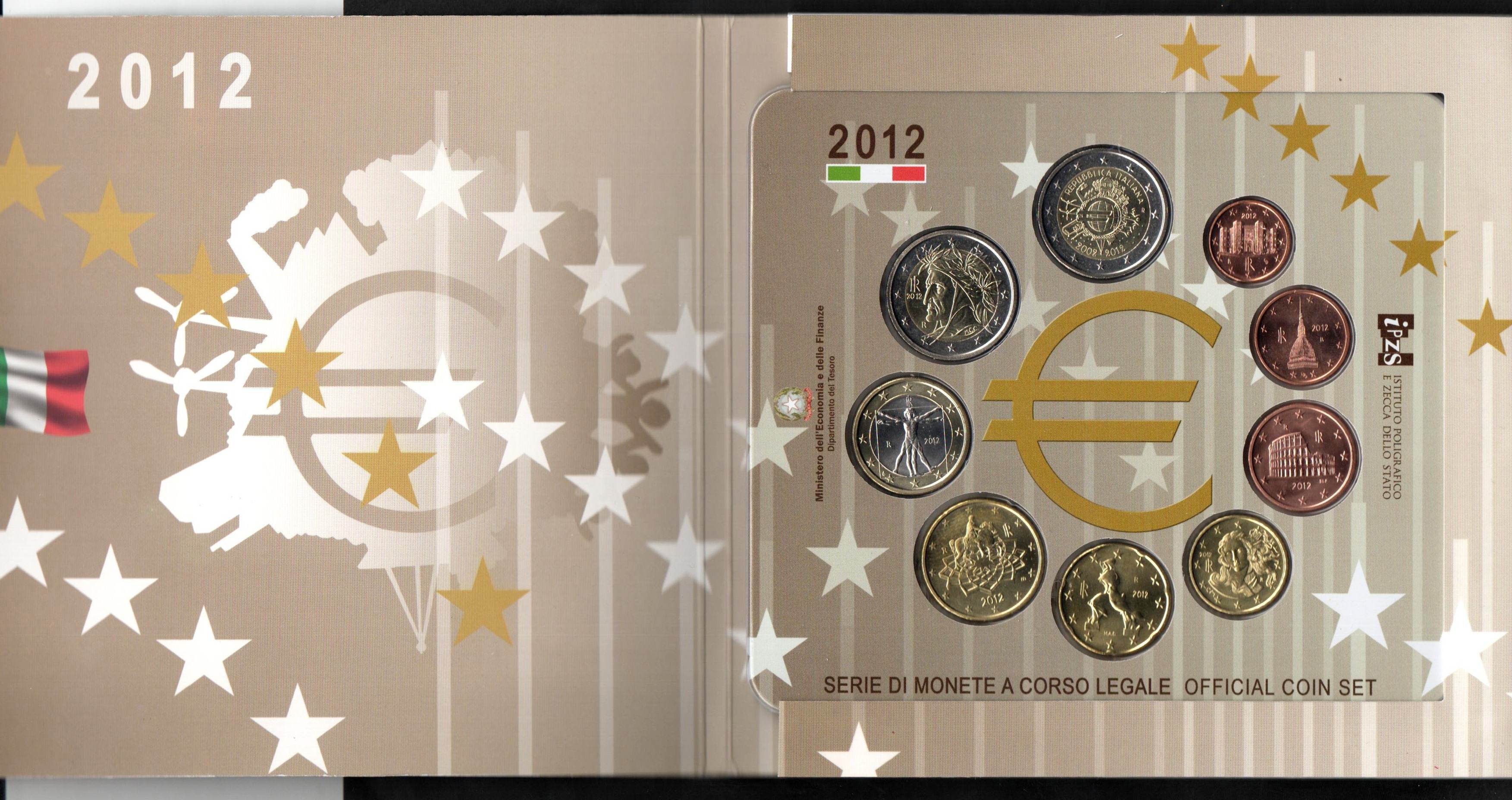 2012 - Divisionale I.P.Z.S. 9 monete Italia - Con  2 euro commemorativo del 10° anniversario dell'euro