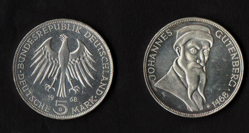 GERMANIA 5 Marchi Argento Johannes Gutenberg 1968