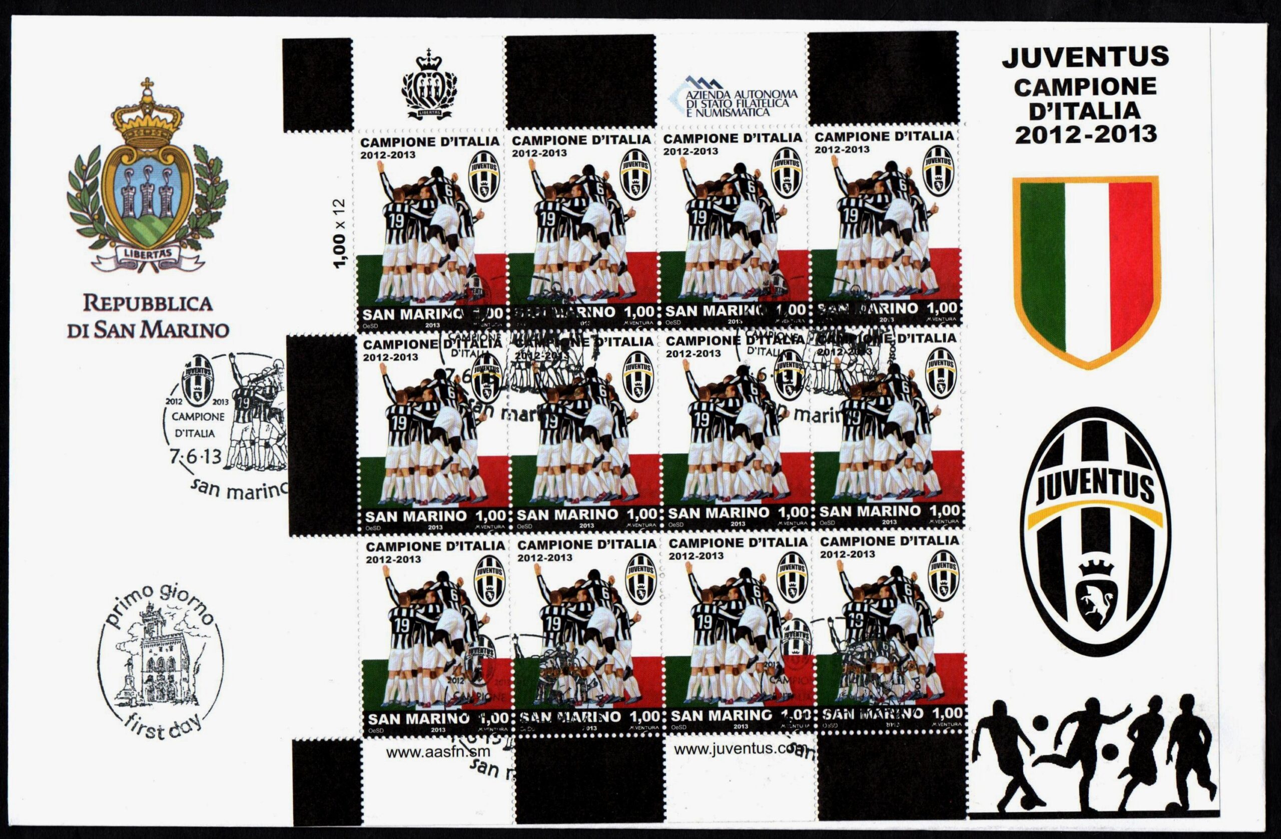 2013 FDC Foglietto Juventus Vittoria Campionato Calcio 2012 2013 San Marino