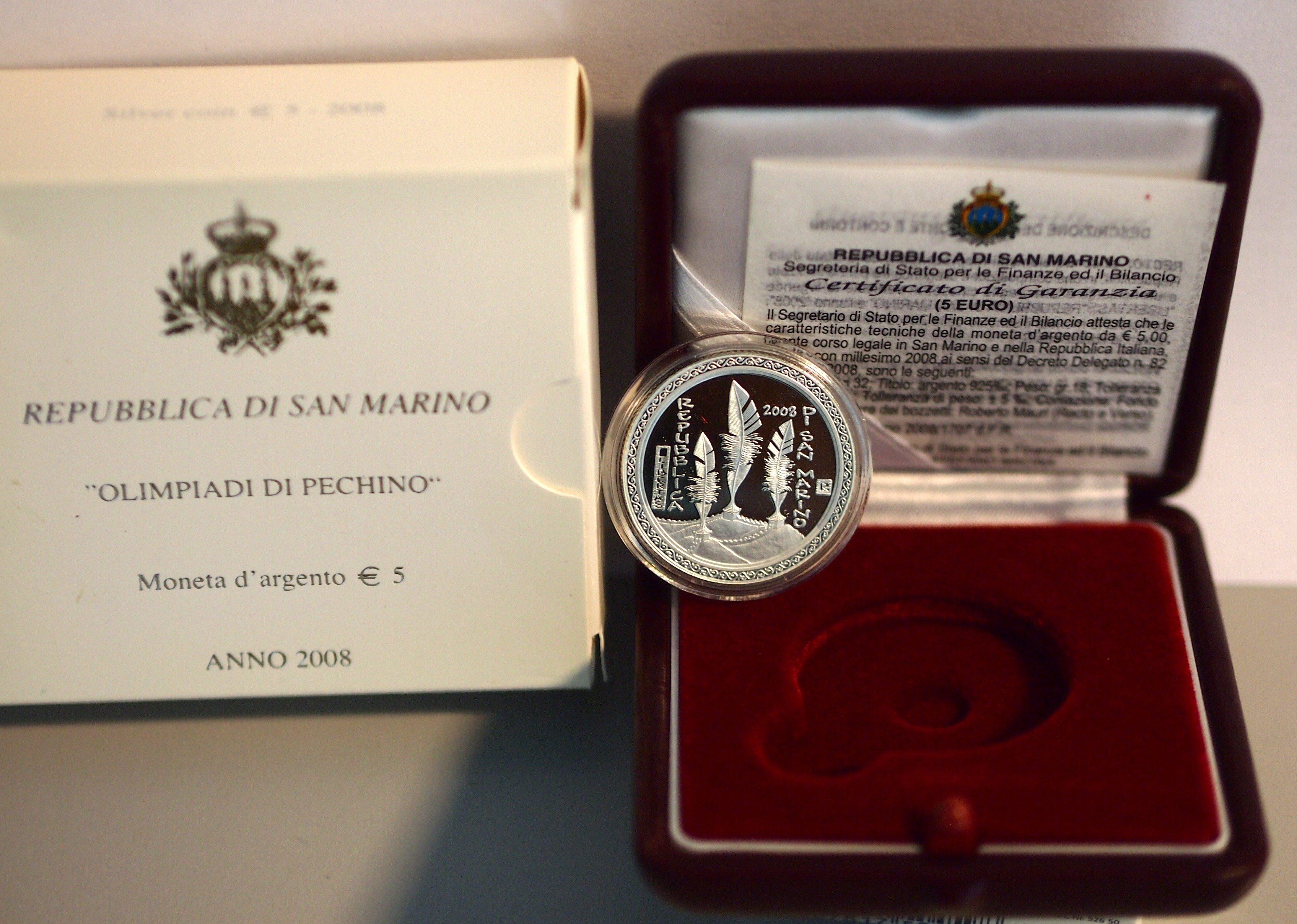 2008 - 5 Euro Olimpiadi Pechino Argento Fondo Specchio San Marino