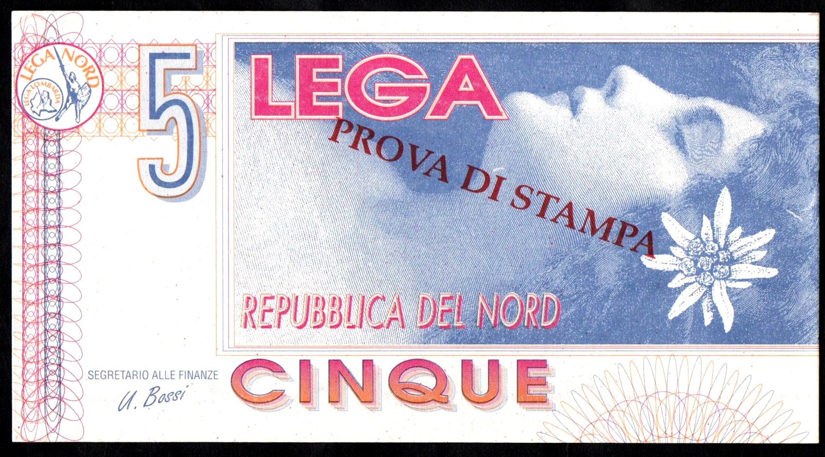 Banconota Prova Di Stampa Esposta Britidh Museum Volto Firma Di Bossi Lega Nord Padania 1992