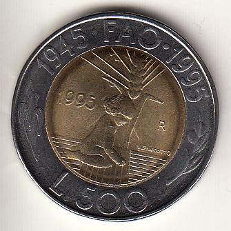 1995 Lire 500 Bimetallica F.A.O. Fior di Conio San Marino