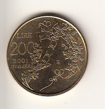 2001 200 Lire Bronzital La Giustizia Fior di Conio San Marino