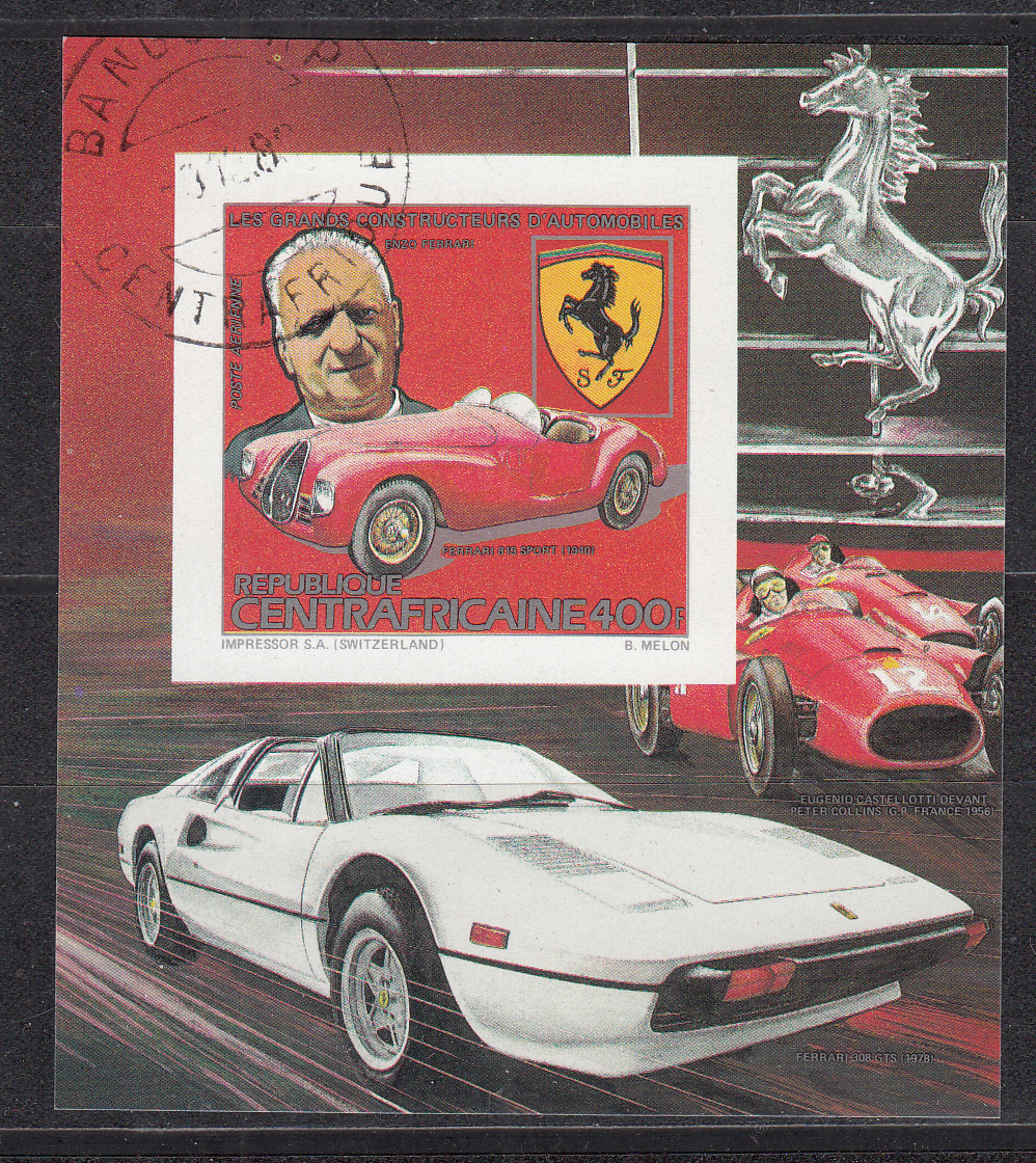 CENTRAFRICA  1974 foglietto timbrato Ferrari 815 sport