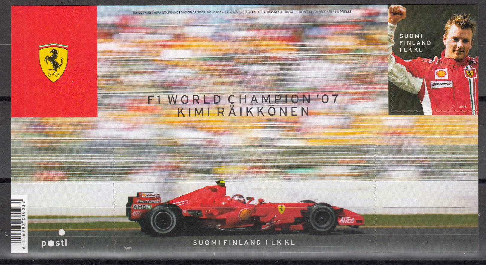 FINLANDIA 2008  foglietto Formula 1 World Champion 2007 Mika Hakkinen Unificato Bf 53