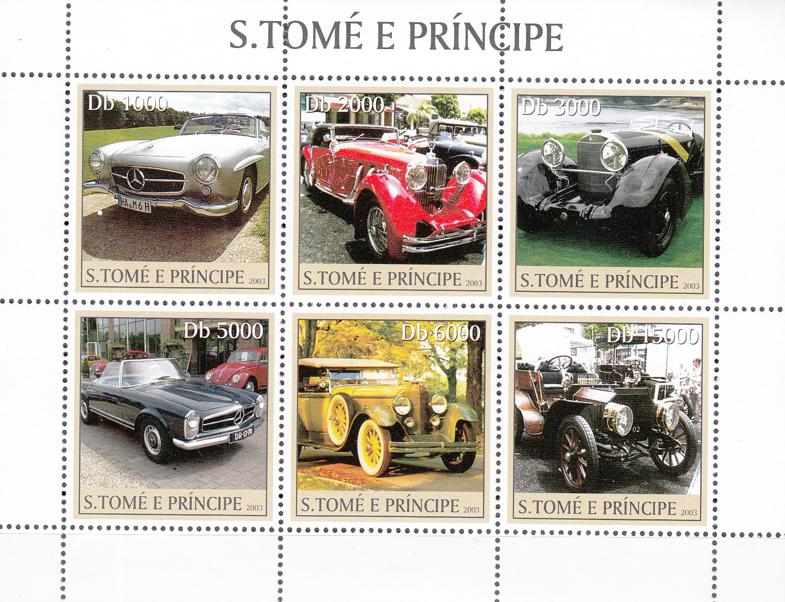 S. TOME e PRINCIPE Auto d'Epoca BF 6 val. 2003