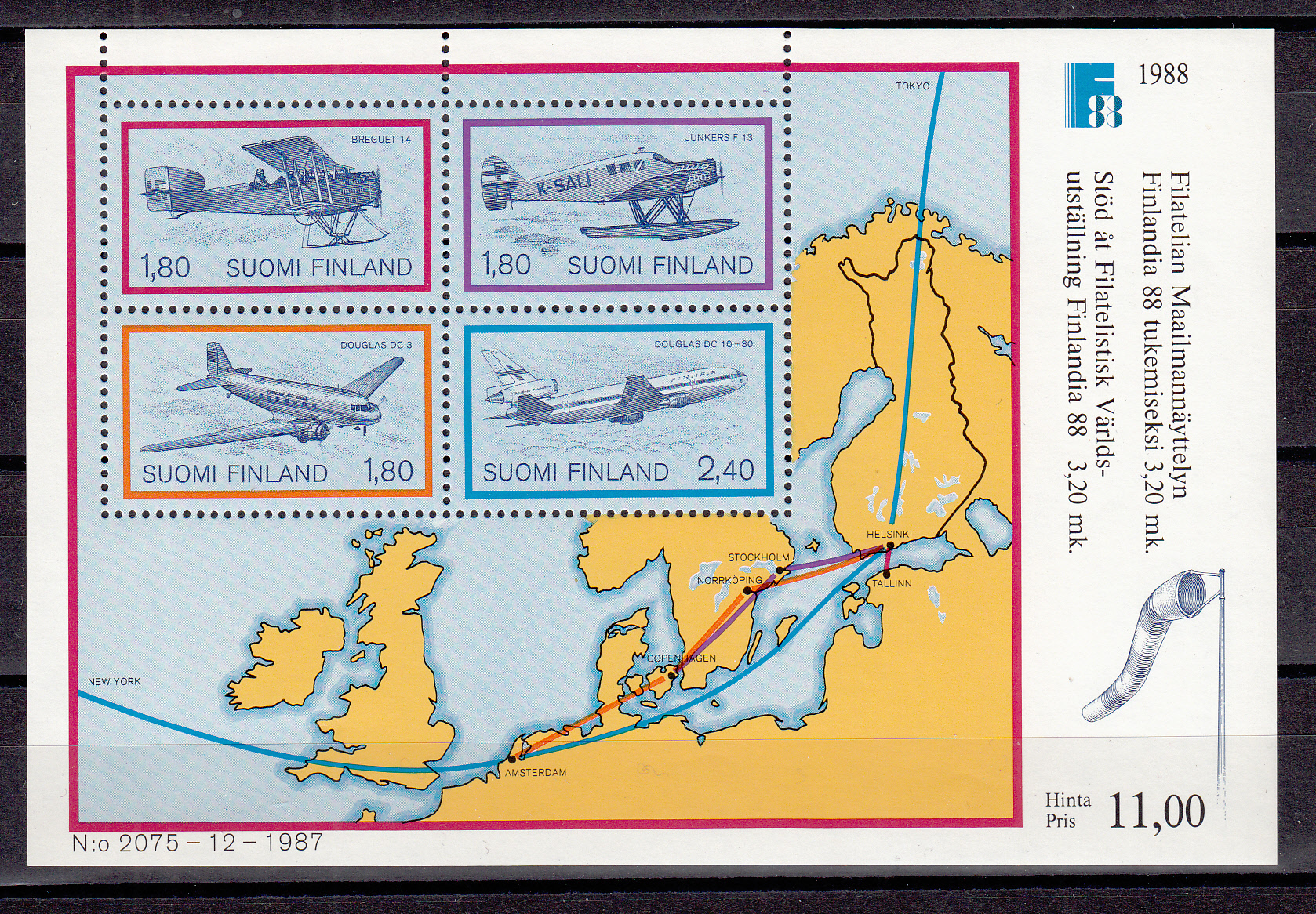 FINLANDIA 1988 Trasporto posta con Aerei  foglietto nuovo BF. 4