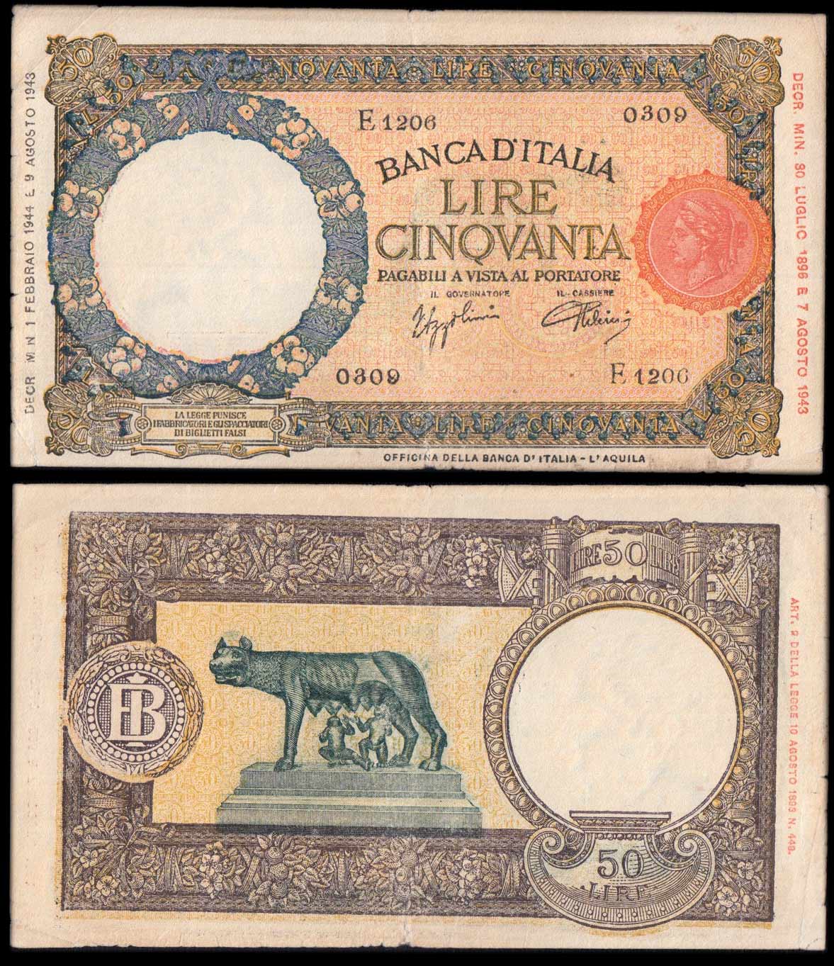 1944 - 50 Lire Lupa Capitolina (L'Aquila) 01.02.1944 Quasi Spl