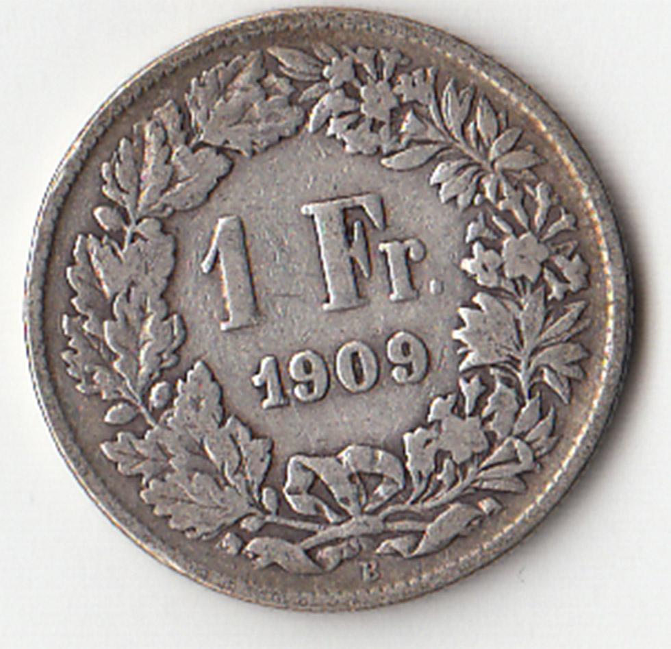 1909 - SVIZZERA 1 Franc  Argento Standing Helvetia MB