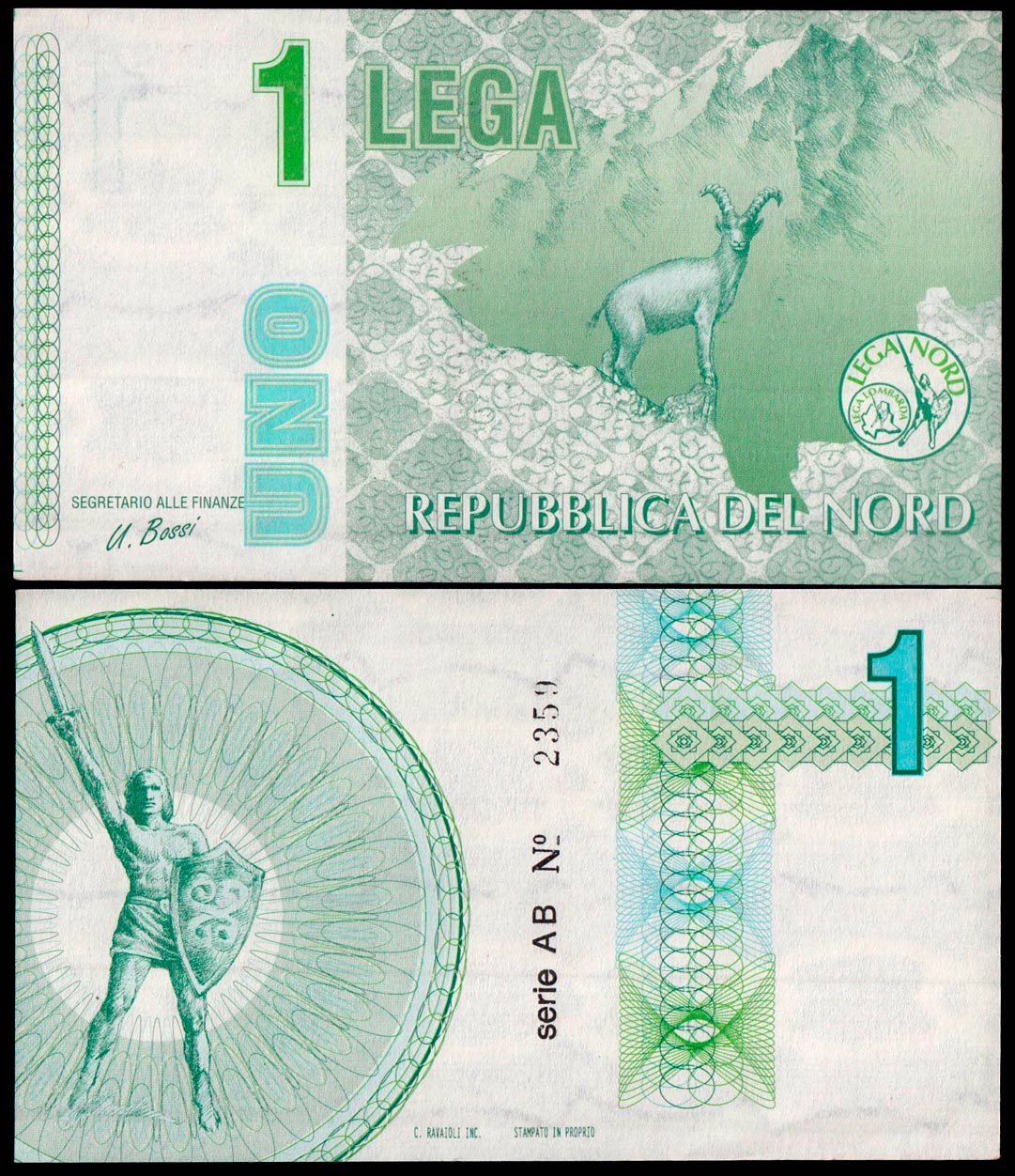 Banconota gadget da 1 Lega 1996 FIRMA SEGRETARIO BOSSI Fds