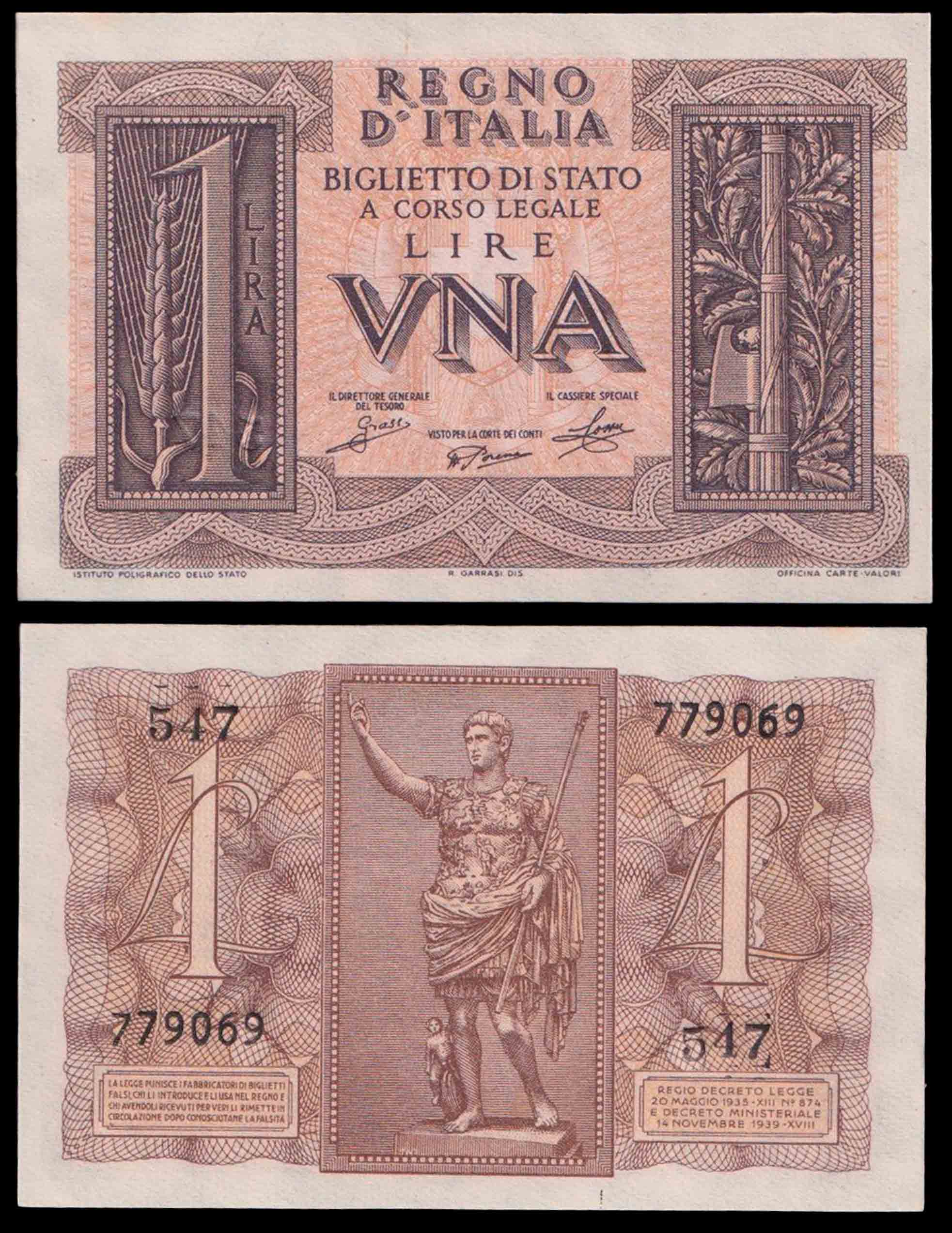 1939 - Lire 1 Vittorio Emanuele III Dittatura Fascista Fds