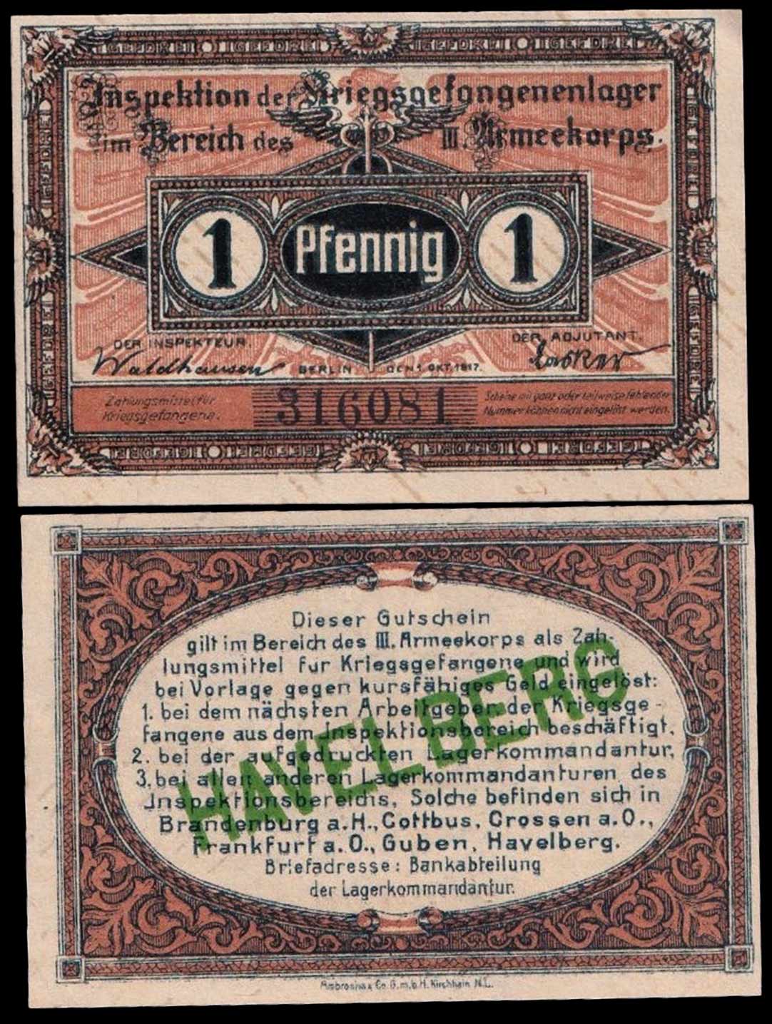 PRIGIONIERI DI GUERRA Havelberg 1 pfennig 01/10/1917 Fds