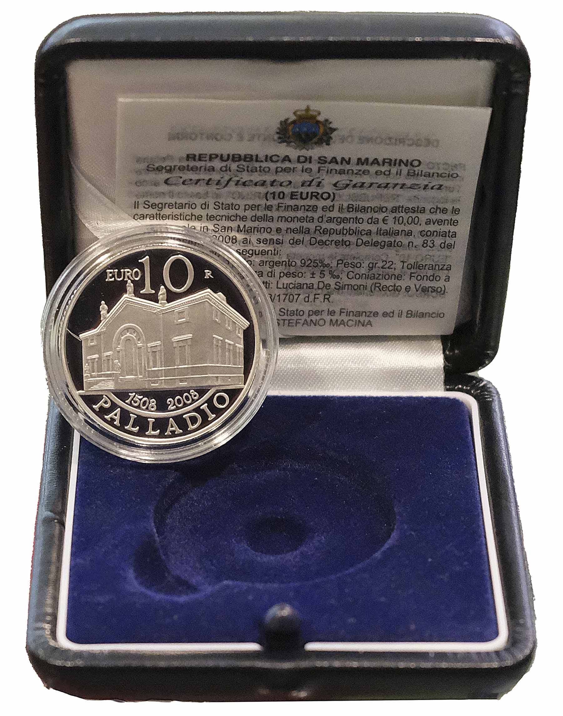 2008 - 10 Euro Palladio 500° Nascita Argento Fondo Specchio San Marino